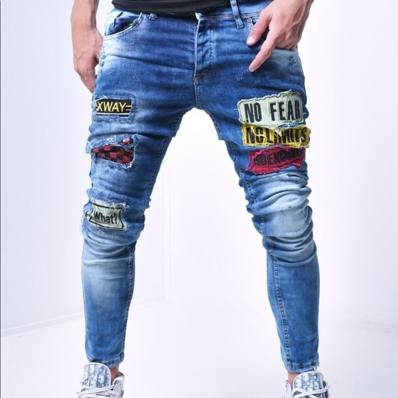 Patch Design Urban Streetwear Iced Out Jeans - Picture 1 of 3